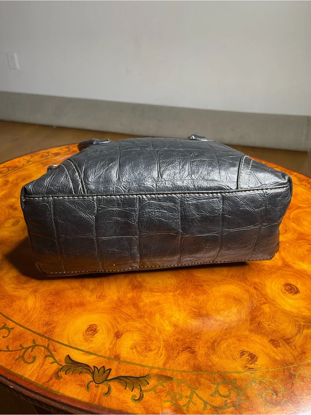 Croc-Embossed Dome Satchel in Black by No Brand